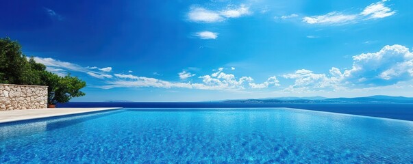 Stunning infinity pool overlooking the ocean on a sunny day with clear blue skies and serene surroundings, perfect for relaxation and vacation.