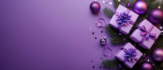 Festive Purple Christmas Gifts and Ornaments on a Purple Background