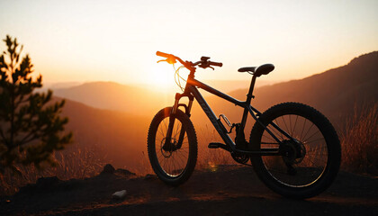 Obraz premium Sunset silhouette of a cycle on a mountain bike