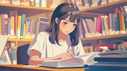 Anime Girl Studying in Library