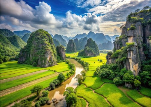 Majestic limestone karst landscape of Vu Cung at Tam Coc National Park, a historic Vietnamese site of ancient dynasties' battles and royal training grounds.