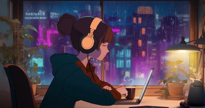 Lofi Girl Working on Laptop on Rainy Night and listening to Music