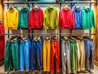 Fototapeta premium Vibrant hoodies and matching sports pants in assorted colors and sizes hang neatly on a rack in a trendy clothing store, awaiting customers' attention.