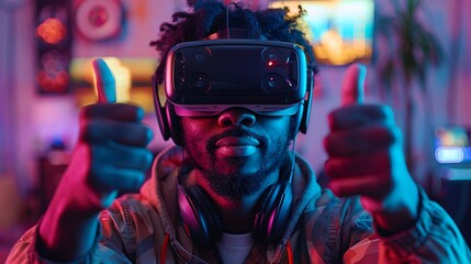 A tech influencer giving a thumbs up while unboxing the latest VR headset, with the headset and controllers arranged on a futuristic desk setup, captured in sharp detail with vibrant lighting.