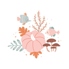 Autumn Composition of pumpkins and the underwater world. Surrealism. Cute autumn illustration in pastel colors.