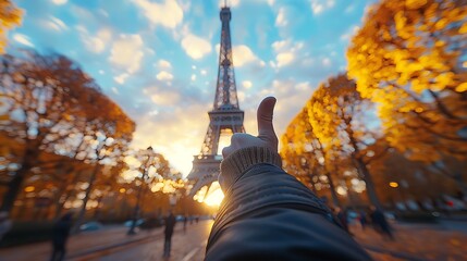 Fototapeta premium A tourist giving a thumbs up in front of the Eiffel Tower, with the iconic structure towering above and a bright blue sky in the background, captured in vivid colors and sharp detail. --ar 16:9 --v 6.