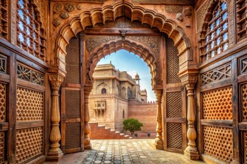 Intricately carved wooden lattice gate with historic pattern adorns the entrance of Mehrangarh Fort in Jodhpur, Rajasthan, showcasing India's rich cultural heritage.