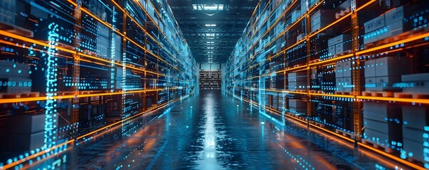 Futuristic Warehouse with Interactive Touchscreen Inventory Management System