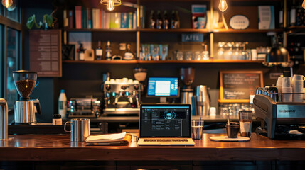 Cafe counter bar turned into a comfortable workplace with a laptop, coffee, and notebook, designed for creative work