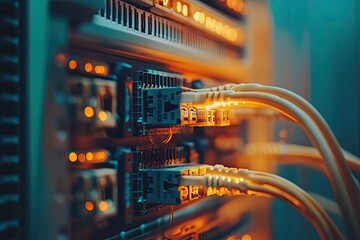 Naklejka premium Network cables connected to a server. The photo is perfect for representing concepts like connectivity, data transfer, and the digital world.