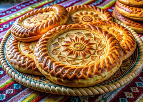 Traditional Central Asian Tandyr nan Uzbek bread, adorned with intricate patterns stamped onto dough using a chekich, freshly baked in a tandir oven.