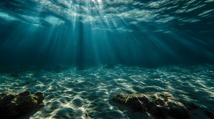 Naklejka premium Tranquil Underwater Seascape with Dappled Sunlight Filtering Through Water