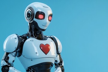 Fototapeta premium Playful robot interacting with a small heart a testament to the emotional depth achievable by artificial intelligence