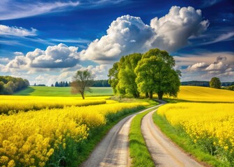 Naklejka premium Serene countryside scenery in rural Poland, featuring vibrant rapeseed flowers swaying gently along a winding country road on a warm sunny summer day.