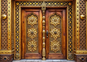 Obraz premium Luxurious Kori traditional house door adorned with intricate carvings, majestically plated with 24 carat gold, exuding opulence and sophistication in a warm, golden glow.