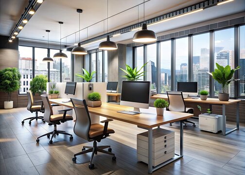 Modern office interior featuring sleek, minimalist design with multiple open-plan workstations at long desks, blurred focus emphasizing ambiance and professionalism.