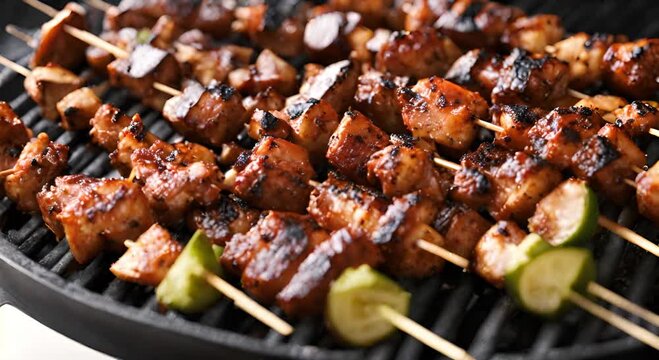  food on skewers grilling on a black grill