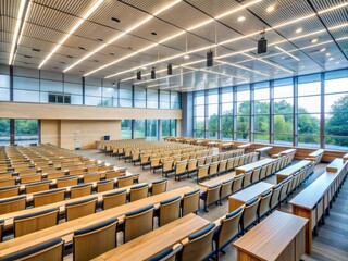 Spacious lecture hall with rows of empty desks and chairs, large windows, and a prominent podium, evoking a sense of academic anticipation and discovery.