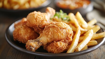 Crispy fried chicken with french fries. Perfect for advertising fast food restaurants, menus, or promoting fried chicken recipes.