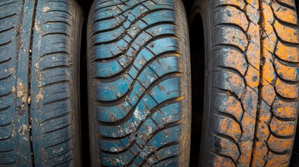 Close-up of worn-out tire treads. The photo shows the wear and tear of car tires, perfect for illustrating concepts of safety and maintenance.