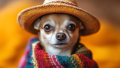 Chihuahua in a colorful sombrero and poncho against an orange backdrop, festive and vibrant
