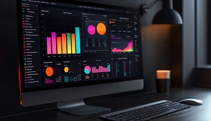 Computer monitor displaying colorful data analytics, modern interface, focused work environment