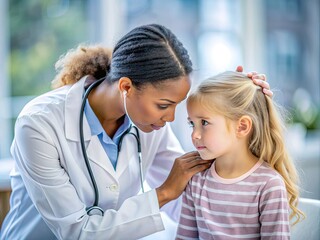 Naklejka premium A compassionate doctor gently examines a young patient's head, her concerned expression as she listens to their symptoms in a hospital clinical setting.