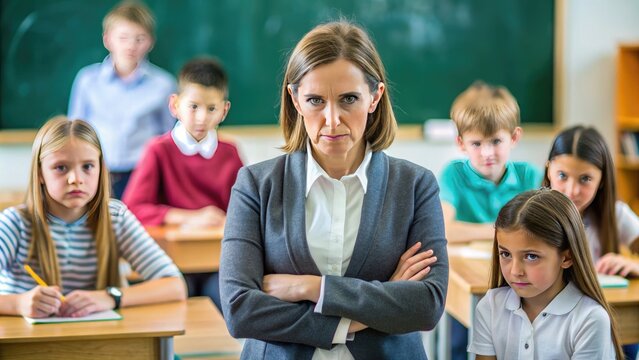 Authoritative figure in a school setting, wearing a stern expression of dismay and frustration, conveying disappointment and anger towards misbehaving students around her.