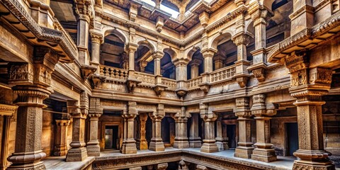 Obraz premium Intricate ancient architecture of Adalaj Step well's interior, captured with a DSLR camera, showcases ornate carvings, stairs, and pillars, highlighting Gujarat's rich cultural heritage.