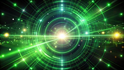 Obraz premium Rotating shapes and green scanner beams intersect over swirling lights on a black background, evoking connection, data processing, digital interface, and high-tech communication.