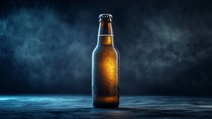 Cold Beer Bottle with Water Droplets in Dark Smoky Setting