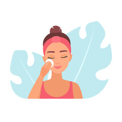 Vector illustration of a woman applying facial mist spray for hydration and skincare.