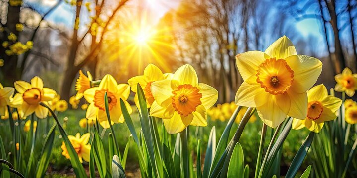 Vibrant yellow daffodil flowers bloom brightly in the warm sunlight, surrounded by lush greenery, on a serene and idyllic sunny spring day in the garden.