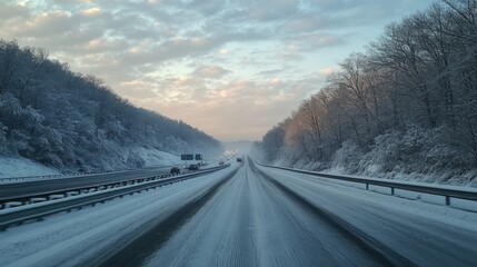 Snow-covered highway with trees on either side. Perfect for winter driving and travel imagery.