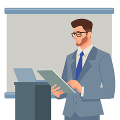Smart young business man hand pointing on document presenting with empty space backdrop screen flat design illustration