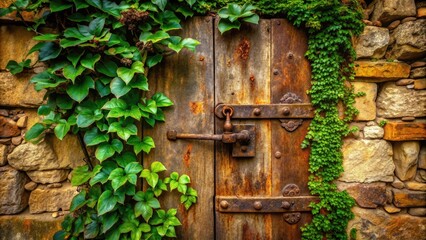 Rusted hinges adorn a worn, ancient door set in a crumbling stone wall, overgrown with lush ivy, evoking a sense of forgotten history and mystery.