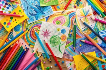 Vibrant scribbles, doodles, and handwritten notes overflow on a busy paper background, showcasing creativity and artistic expression in a colorful and dynamic composition.