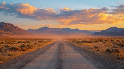 Fototapeta premium A desert road leads to the mountains. This photograph shows the beauty and vastness of nature, perfect for travel brochures, articles, or social media.
