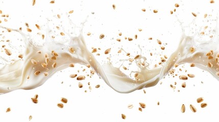 Obraz premium wave of milk flying in the air with pine nut kernels on a solid white background, studio shot, AI Generative