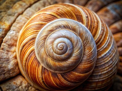 Spiraling ridges of a weathered snail shell's outer whorl curve outward in a delicate, swirling pattern of earthy tones and soft, muted colors.