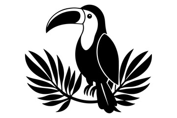 Minimalist linocut majestic toucan with its large silhouette black vector at illustration