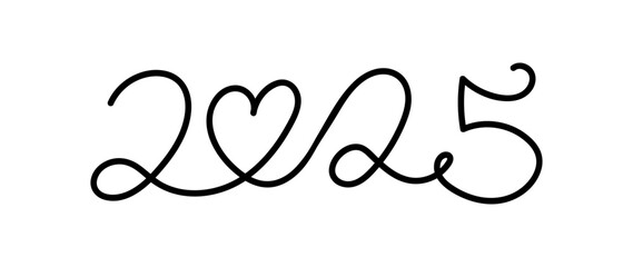 Black Hello 2025 one line art on white background, hand drawn continuous contour. Holiday concept, festive lettering. New year handwriting text, sketch style, minimalist design.