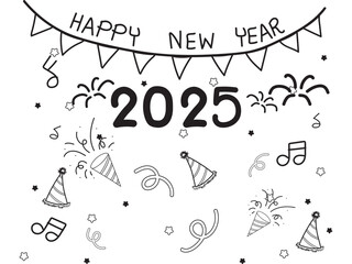 Happy New year 2025, Set New year party elements doodle in black isolated over white background.
