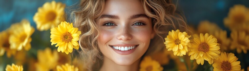 Fototapeta premium Smiling woman with curly blonde hair holding a bouquet of yellow flowers, dark background
