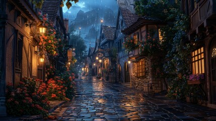 Fototapeta premium Charming cobblestone street lined with cottages and flowers on a rainy evening