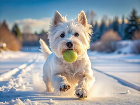 Adorable West Highland terrier proudly carries a large tennis ball in its mouth, leaving paw prints in the snow-covered winter landscape.
