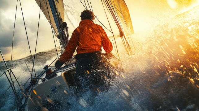 A sailor on a sailboat cuts through rough waters. This photo captures the intensity and excitement of a sailing race, showcasing the thrill and adventure of navigating a challenging course.