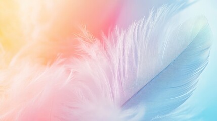 Obraz premium Abstract feather rainbow patchwork background. Closeup image of white fluffy feather under colorful pastel neon foggy mist. Fashion Color Trends Spring Summer 2019 - soft focus , ai