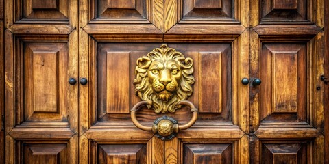 A golden lion symbol adornes the old wooden door, adding a touch of elegance and sophistication to the rustic entrance of a historic building.