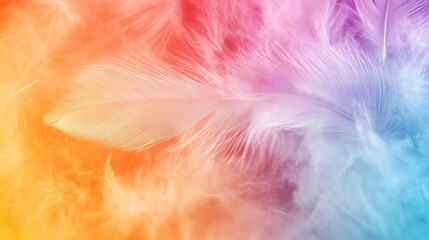 Fototapeta premium Abstract feather rainbow patchwork background. Closeup image of white fluffy feather under colorful pastel neon foggy mist. Fashion Color Trends Spring Summer 2019 - soft focus , ai